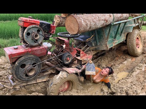 Agricultural vehicles transporting timber trying to cross the dirt tracks
