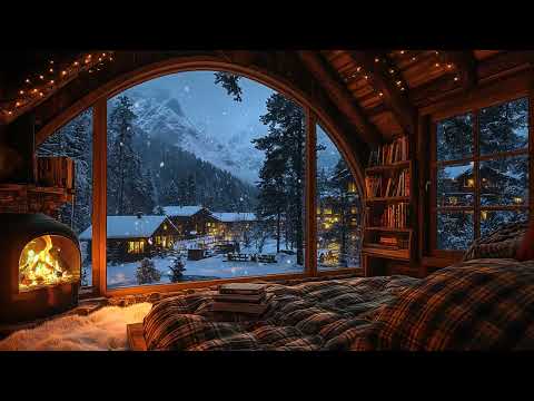 Snow Drifting Outside the Cabin ❄️ Warm Fireplace Crackles and Gentle Snowfall for Calm and Relax