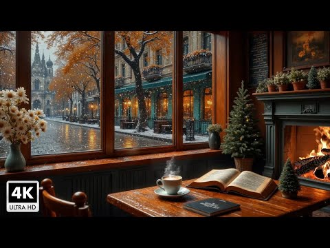 Beautiful Snowy Winter Coffee Shop Space ❄️ Relaxing Jazz Piano Music And Fireplace