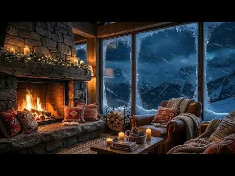 Cozy Snowstorm Cabin Fireplace | Fireplace Sounds & Relaxing Jazz (4 Hours)