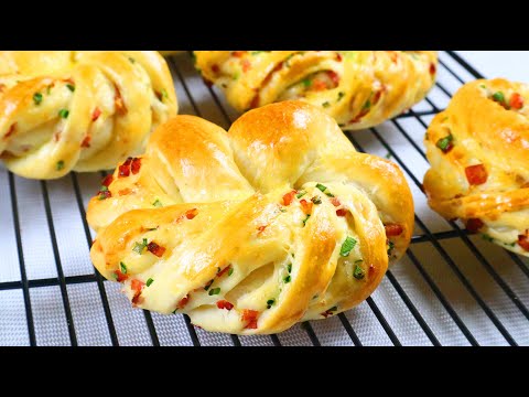 面包，火腿葱香花朵面包， 制作简单，想象不到的松软 Ham & Scallions Bread Easy  Bread Recipe no knead  ▏佳寶媽美食 Gabaomom Cuisine