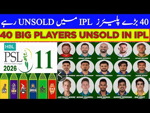 40 Big Players Unsold in IPL 2026 | Huge Chance to Play PSL 11|IPL 2026 Big Names Unsold|Psl 11