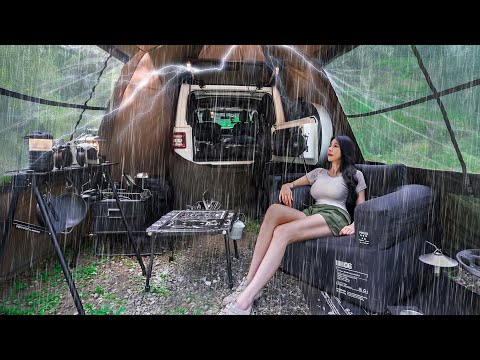 CAMPING IN A SCARY DOWNPOUR WITH A CAR TENT | RAIN ASMR