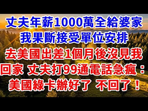 丈夫年薪1000萬全給婆家，我果斷接受單位安排，去美國出差1個月，1個月後沒見我回家，丈夫打九十九通電話急瘋：美國綠卡辦好了 不回了！#思妤說故事#為人處世#生活經驗#情感故事#晚年哲理#說故事#完結