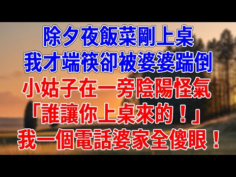 除夕夜飯菜才上桌，我才端筷卻被婆婆踹倒。小姑子在一旁陰陽怪氣「誰讓你上桌來的！」我一個電話婆家全傻眼！#為人處世#經驗#情感故事#戀愛#情感#婚姻#人生感悟