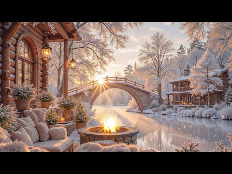 Winter Lakeside Porch with Fireplace Ambience ❄️🔥 Soft Light & Relaxing Piano Ambience