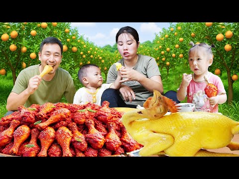 2 children and parents eat chicken, harvest bananas, pick oranges to sell at the market