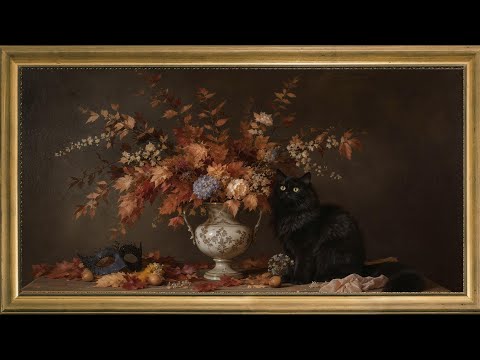 Vintage Fall Art with Black Cat & Florals | Calm Seasonal Screensaver | Halloween Frame TV Art