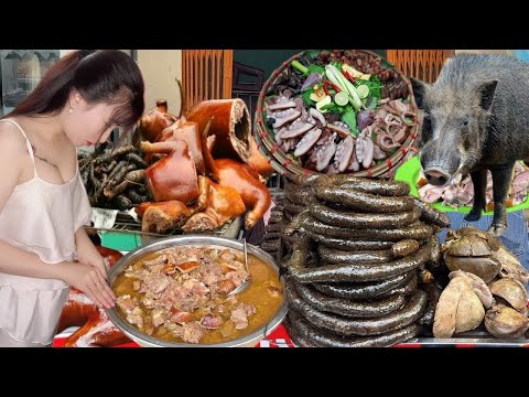 The girl sells 5 delicious cooked wild boar dishes that many people come to buy at the market gate.