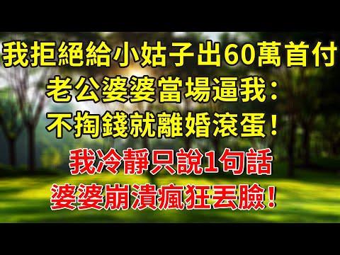 我拒絕給小姑子出60萬首付，老公婆婆當場逼我：不掏錢就離婚滾蛋！我冷靜只說1句話，婆婆崩潰瘋狂丟臉！#生活經驗 #人生感悟 #故事分享 #故事頻道 #正能量 #情感 #感情 #分享