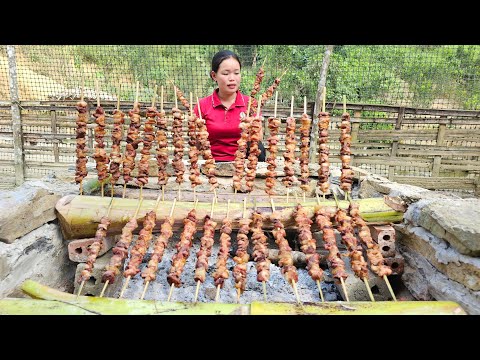 Process of making grilled meat skewers for sale at the market | Harvesting and preserving Taro