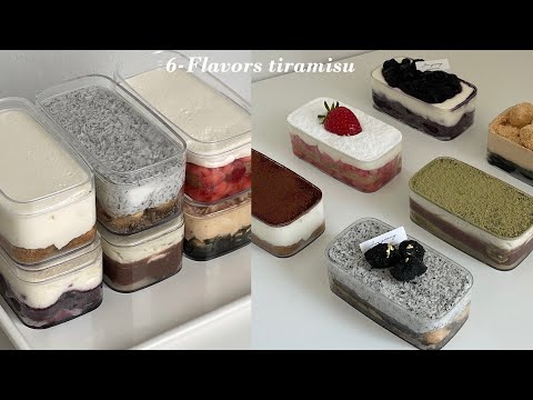 eng)한 가지 크림으로 6가지 맛 티라미수 만들기 (딸기,블루베리,쑥인절미,흑임자,녹차팥,기본)