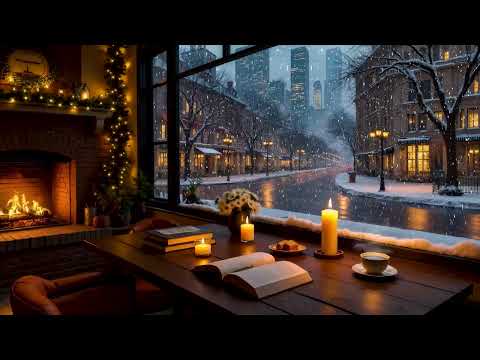 Snowy City Café Ambience with Soothing Jazz Music - Cozy Fireplace Crackling for Relaxation