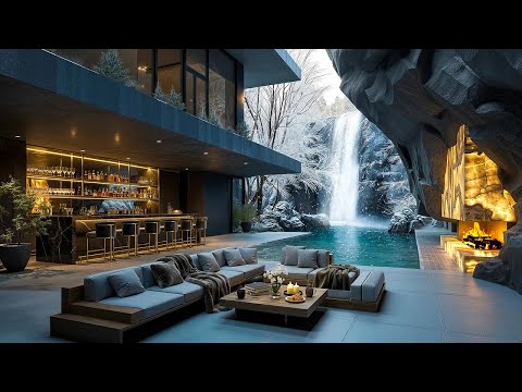 Work & Focus With Tranquil Jazz In Nature Living Room | Waterfall & Fireplace Sounds for Relaxation