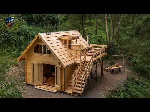 DIY Off-Grid Wooden House With Elevated Terrace And Bed