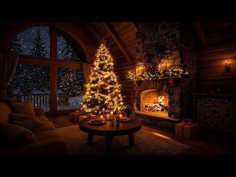 Soothing Christmas Piano & Crackling Fire | Cozy Christmas Cabin with Snowfall for Winter Night