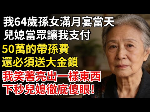 我64歲孫女滿月宴當天，兒媳當眾讓我支付50萬帶孫費，還必須送大金鎖，我笑著亮出一樣東西，下秒兒媳徹底傻眼！#晚年生活#中老年生活#為人處世#生活經驗#情感故事#幸福人生