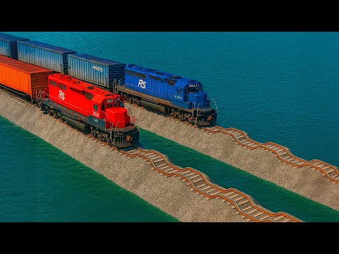 Double Colorful Train Vs Double Wavy Impossible Weird Rail Tracks Crossing Deepwater | BeamNG.drive