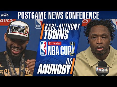 Karl-Anthony Towns and OG Anunoby celebrate Knicks 2025 NBCA Cup victory