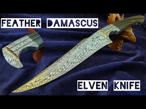Elven Knife   Feather Damascus With Ebony Handle