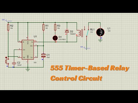 Proteus Schematic: Time Delay Relay Circuit Using 555 Timer IC with Adjustable Delay via Capacitor