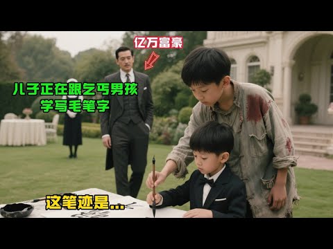 亿万富豪碰见6岁儿子正在跟8岁乞丐男孩学写毛笔字，走近一看笔迹，顿时如遭雷击，这是…