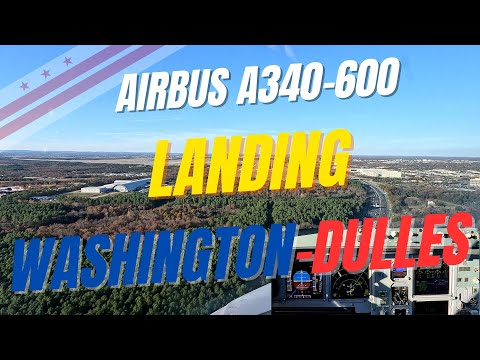 Airbus A340-600 landing Washington-Dulles IAD runway 01R - pilot view 4K