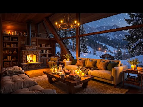 ❄ Winter Night in Cozy Reading Nook with Slow Jazz Music & Fireplace Sounds for Relaxation, Sleeping