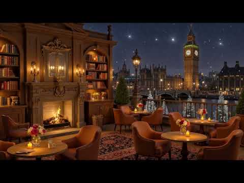 Relaxing Jazz at a Book Café 📚 Warm Fireplace & London Night Ambience