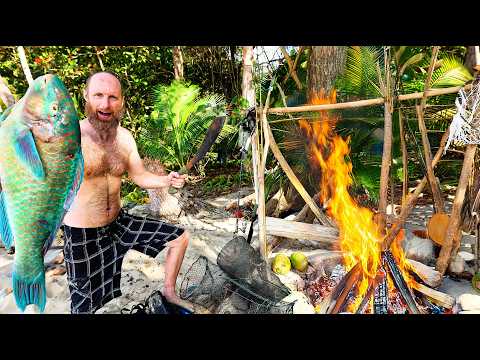 9-DAYS Surviving on a DESERT ISLAND - Primitive Friction Fire, Camping Shelter, Foraging Food