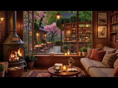 Cozy Spring Rain Coffee Shop ☕ Smooth Jazz Piano & Fireplace Sounds for Study & Focus