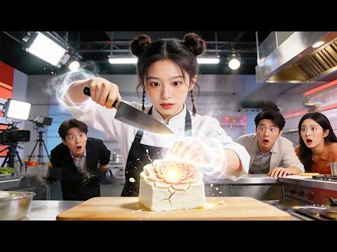 Cute chef joins a show; tofu splits into 108 peonies glowing “Chef God.” Cameraman kneels.