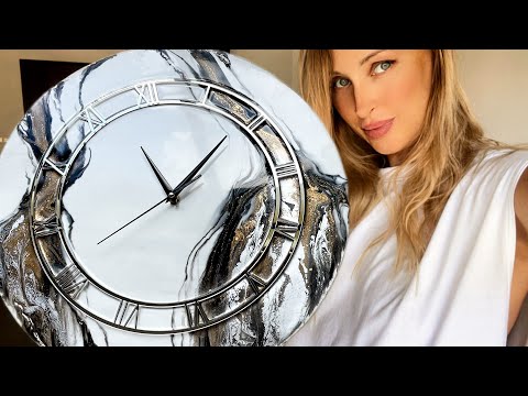 Wall Clock made of epoxy resin 45 cm. DIY. White with silver