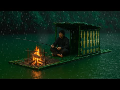 2 days avoiding heavy rain, making a shelter on the river with bamboo, fishing, cooking