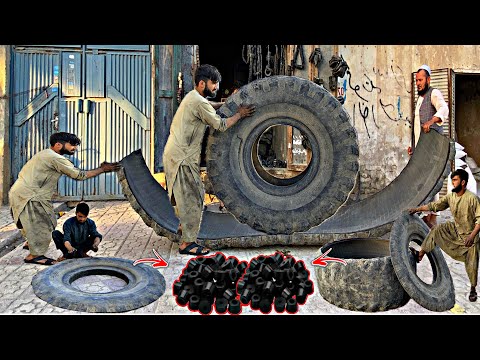Heavy Machinery old and scrap Tyre Cut in pieces and Make Rubber Bush For Small Vehicles ||
