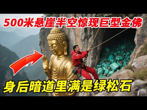 500米悬崖半空惊现巨型金佛，人形巨石背后暗藏神秘通道，里面满是绿松石要发财了！【户外小北哥】