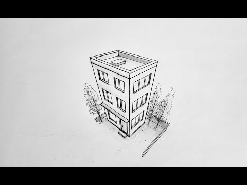 How to draw a house in three point perspective, bird's eye view
