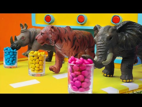 T-Rex, Tigres: Arena de Colores, Gemas yExprimidor. | Video Interactivo de Aprendizajepara Niños