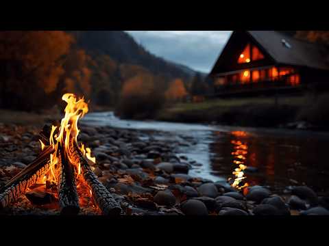 Peaceful Forest Cabin Night 🔥 Riverside Campfire & Gentle Birds Sounds (4K Relaxing Nature Ambience)