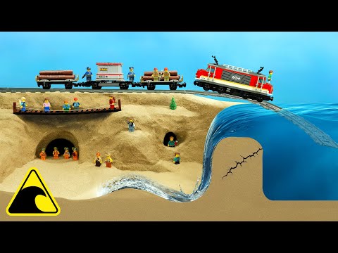 Train Crashes from Bridge into Flooded Canyon - Tsunami Dam Breach Experiment - Lego Train Disaster