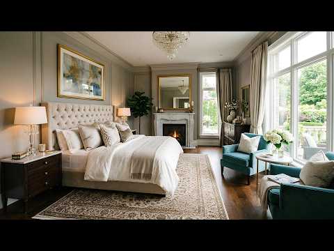 Elegant Luxury Bedroom With Fireplace, Tufted Bed, Sitting Area and Large Windows Overlooking Garden