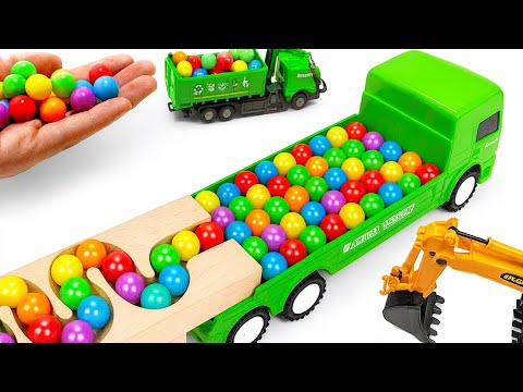 Marble Run Race ☆ HABA Slope &Retro Makita Truck, Excavator, Garbage Truck, Dump Truck,Ambulances#22