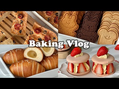 [2배속] 멍때리면서 보기 좋은 홈베이킹 브이로그 영상 모음 8 / 쌀쿠키, 딸기 마카롱 케이크, 쌀소금빵(샌드위치), 포카치아