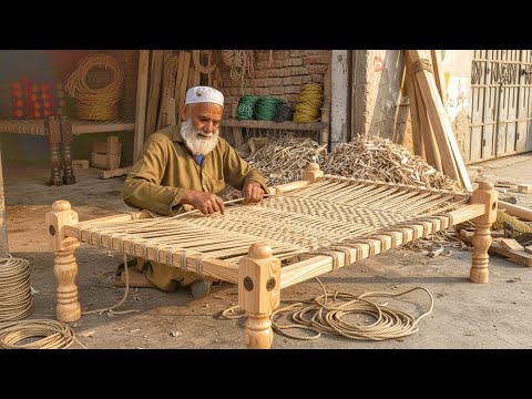 Traditional Rope Bed Making | Wonderful Designed Nylon Rope Cot Weaving By Old Man