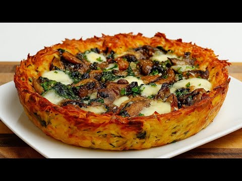 Crispy Grated Potato Pie with Spinach and Mushrooms | Easy Savory Pie Recipe