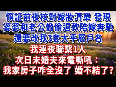 領証前夜核對嫁粧清單，發現婆婆和老公偷偷退款陪嫁奔馳，還要改我3套大平層戶名，我連夜聯繫1人，次日未婚夫來電嘶吼：我家房子咋全沒了，這婚不結了？#小魚故事會#為人處世#人生感悟#中老年生活