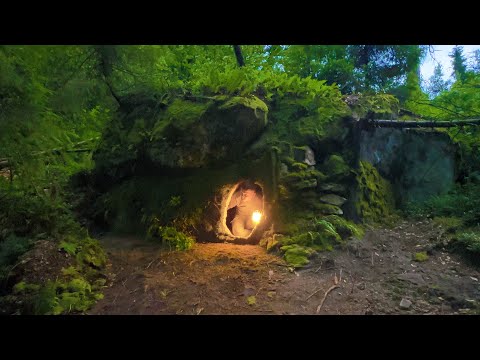 Building a Hidden Warm Survival Shelter in the Mountains, Bushcraft Survival