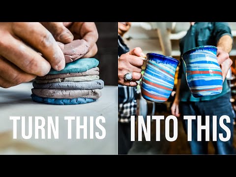 MAKING MARBLED MUGS - The ENTIRE pottery process - ASMR edition