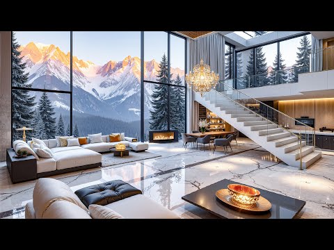 Warm Jazz Music And Winter Mountain Scenery - Soothing Jazz In A Luxury Apartment On A Snowy Day