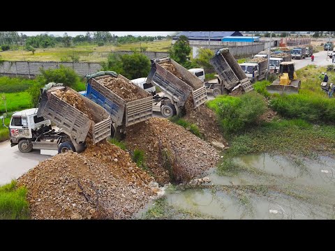 Full Episode, Pour Soil Rocks to Clear the lake Process By GreatTeam DumpTruck With Skills Bulldozer
